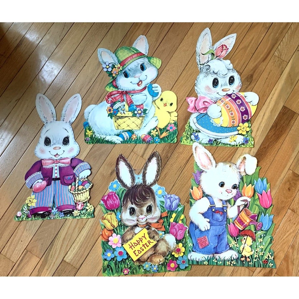 Easter Die Cuts‎ Vintage Large Set of 5 Bunny Rabbits Decorations 15" One Sided